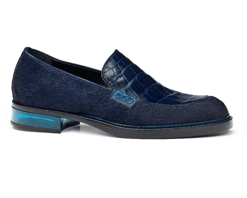 Loafers with pastel colors -Mauri 4799 Indigo Blue Gallia Alligator & Pony Hair Loafers