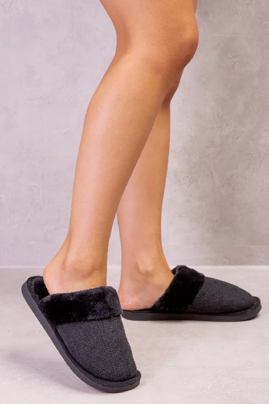 edge slippers white-JUMANAH SLIP ON KNITTED TEDDY FAUX FUR LINED SLIPPERS IN BLACK WOVEN