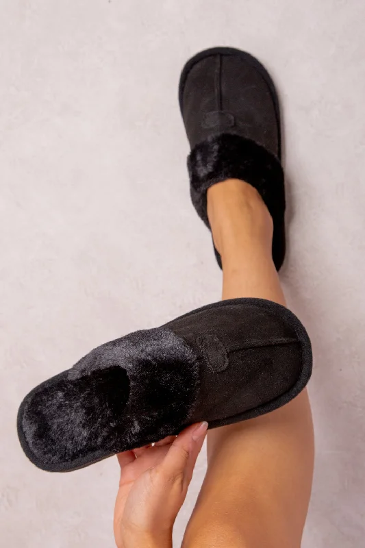 flair slippers trendy-FELICITY SLIP ON TEDDY FAUX FUR LINED SLIPPERS IN BLACK SUEDE