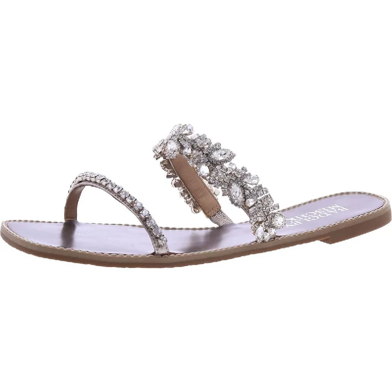 Cheap sandals for pool strolls-Badgley Mischka Womens Jenelle Leather Rhinestone Slide Sandals