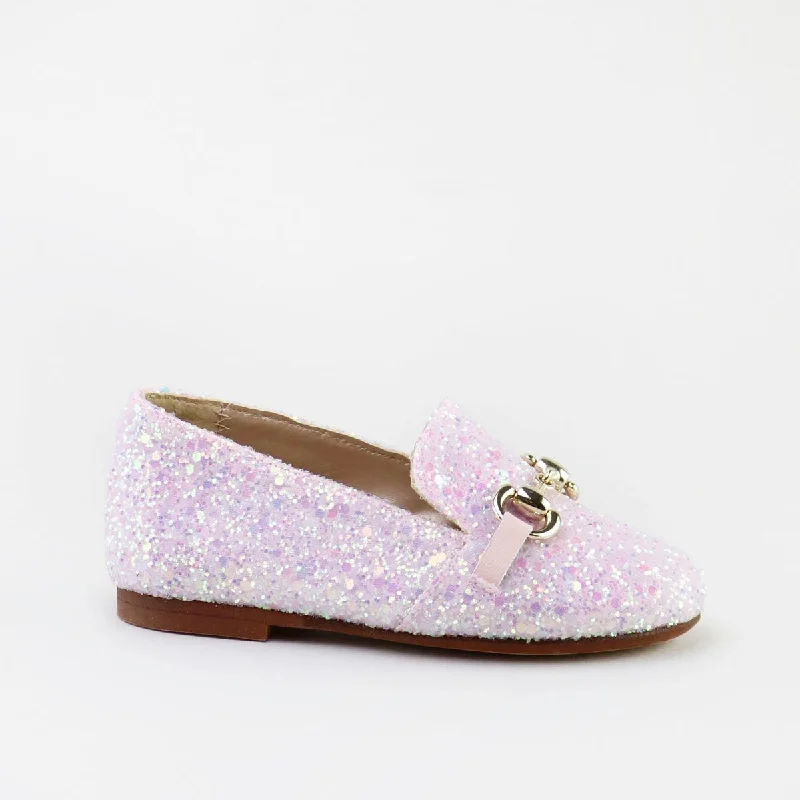 Loafers with fuzzy lining -Papanatas Pink Glitter Chain Slip On Loafer 6474AA