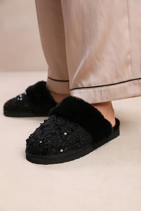 flair slippers casual-COZY SLIP ON SEQUIN SLIPPERS WITH FUR TRIM IN BLACK