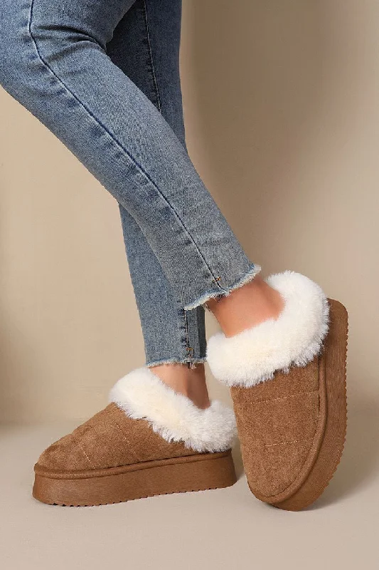 natural slippers eco-CAMEL ULTRA MINI PLATFORM FAUX FUR LINED FLUFFY SLIPPERS