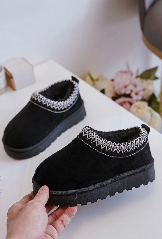 elite slippers designer-KIDS EMBROIDERY DETAIL FAUX FUR LINING SLIPPERS IN BLACK 25-30 SIZES