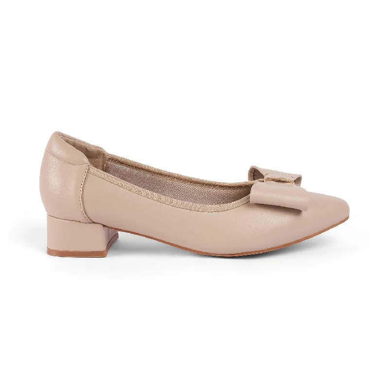 High heels for indoor evening strolls -high heels with modern finish-Tresmode Monalise Beige Women's Dress Block Heel Pumps