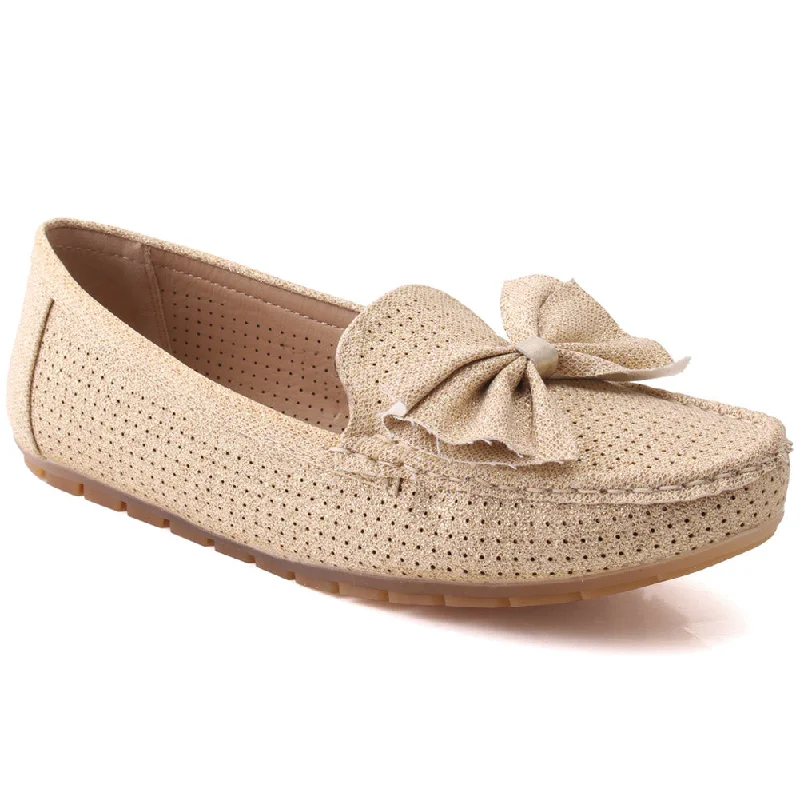 Loafers for narrow feet fit -Women “PERLA” Pearl Detailing Flat Slip On Shimmer Textured Casual Loafers