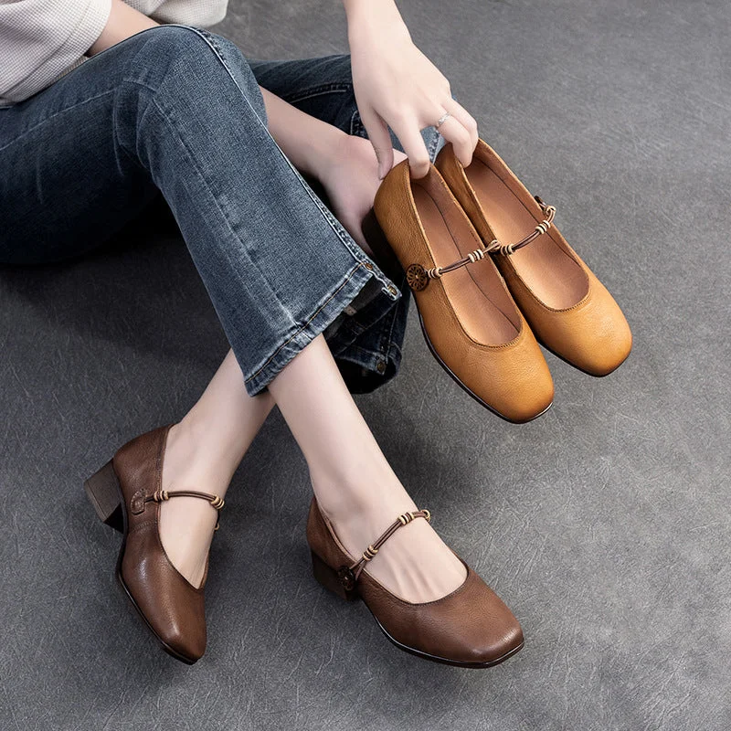 High heels with cushioned footbeds -high heels with buckle closure-Women Retro Leather Casual Low Block Pumps