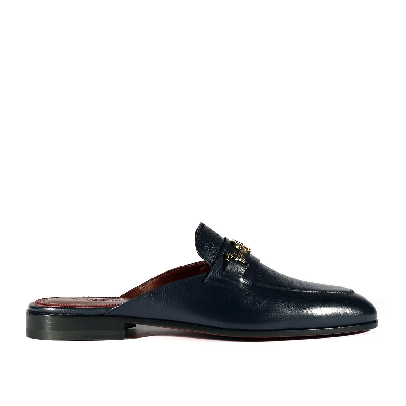 craft slippers handmade-Valentino 19700/M Men's Shoes Navy Blue Calf-Skin Leather Slipper Mules (VAL1002)