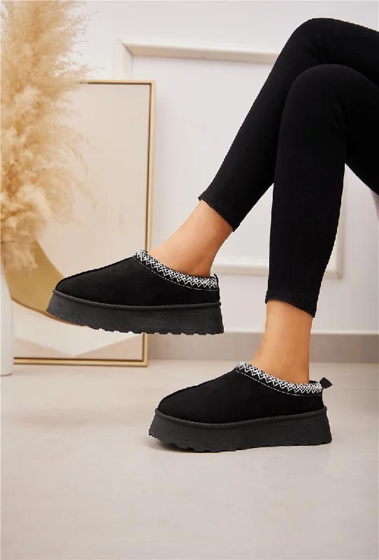 charm slippers green-BLACK EMBROIDED FLUFFY PLATFORM SLIPPERS AZTEC DETAIL FAUX FUR LINED ANKLE BOOTS