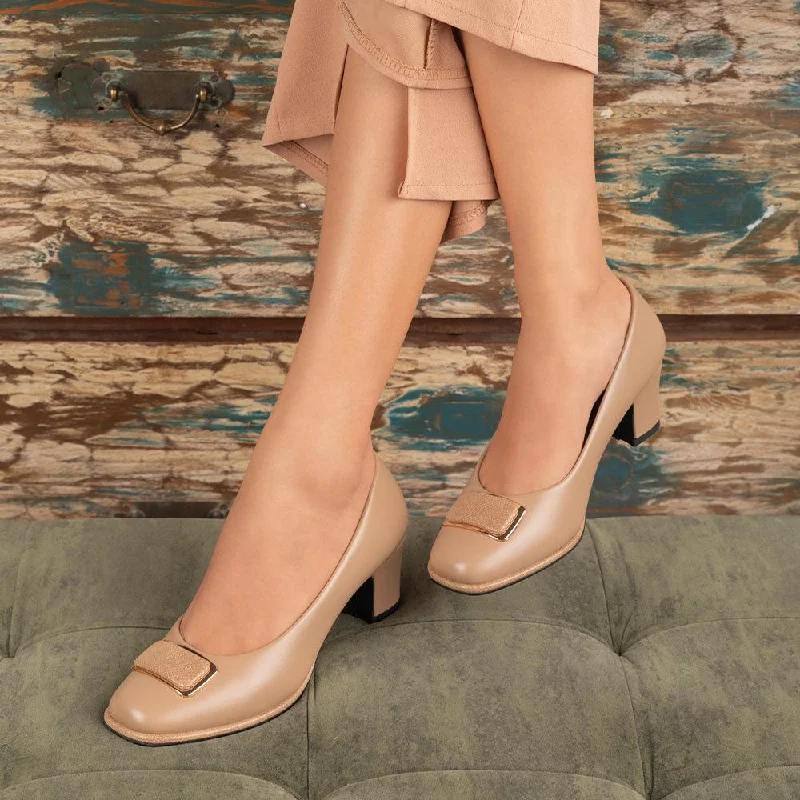 High heels with seamless finishes -high heels for a sophisticated look-Tresmode Dorf Tan Women's Dress Block Heel Pumps