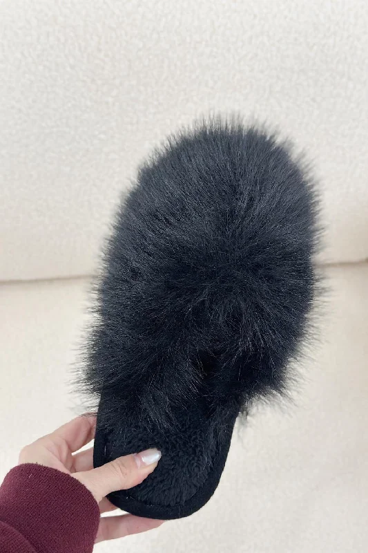 charm slippers support-BLACK FAUX FUR FLUFFY SLIPPERS