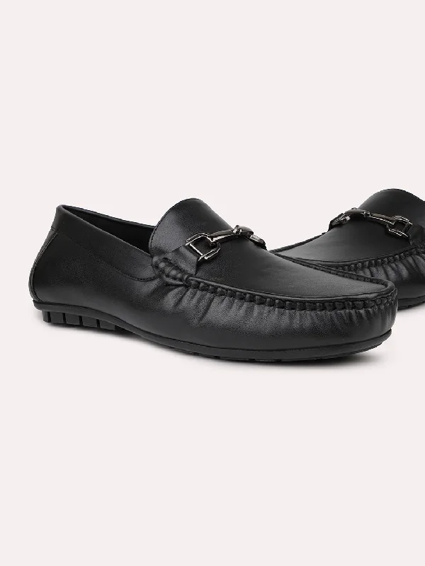 Loafers for office downtime -Men Black Solid Leather Comfort Slip-Ons Loafers