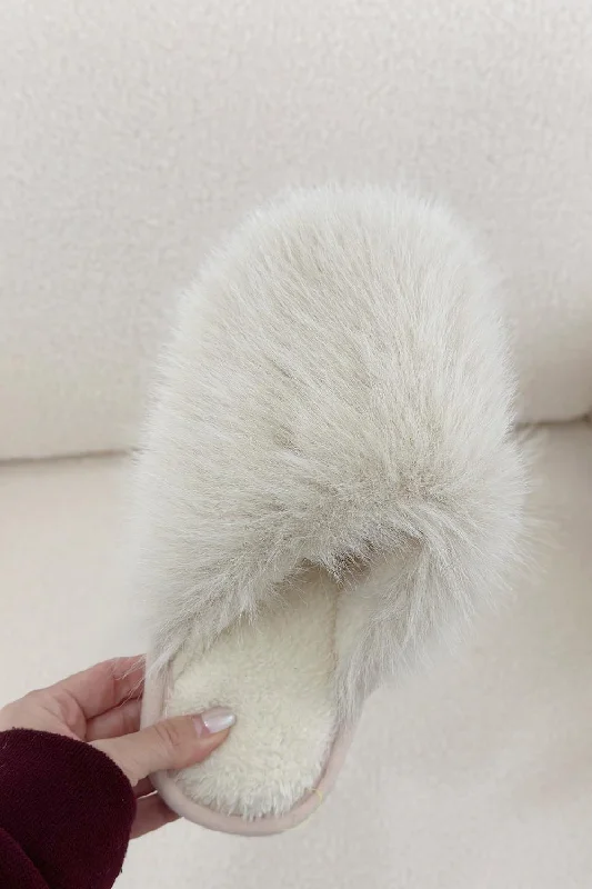 flair slippers soft-BEIGE FAUX FUR FLUFFY SLIPPERS