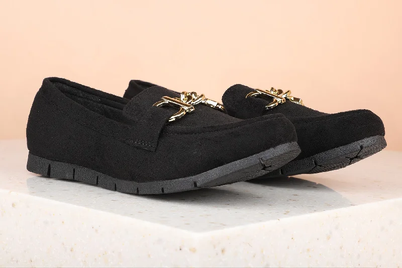 Loafers for outdoor adventures -Women Black Solid Suede Flats Loafers