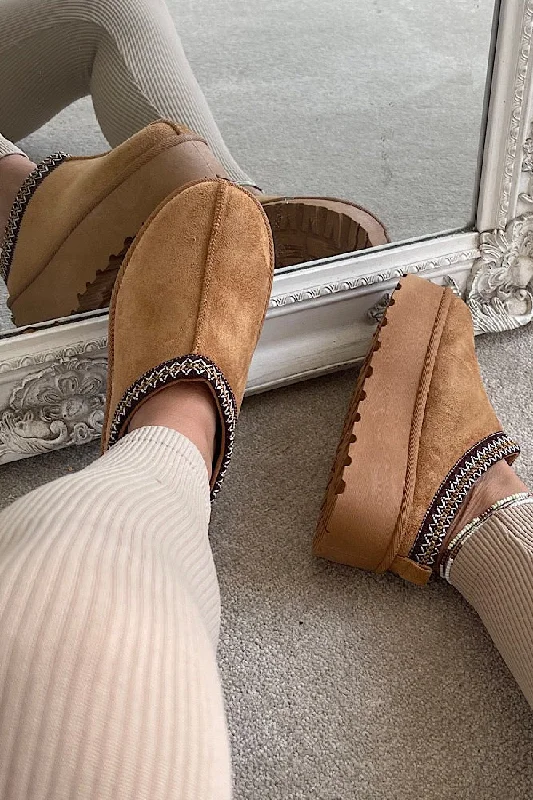 gleam slippers silver-CHESTNUT EMBROIDED FLUFFY PLATFORM SLIPPERS AZTEC DETAIL FAUX FUR LINED ANKLE BOOTS