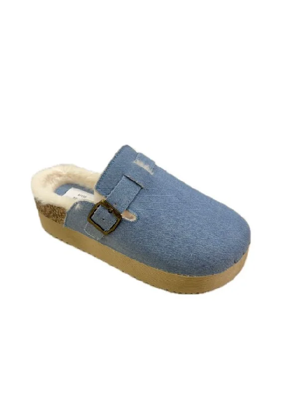 flair slippers non-slip-BLUE CHUNKY FLUFFY INSOLE FLATFORM FAUX SUEDE SLIPPERS WITH BUCKLE