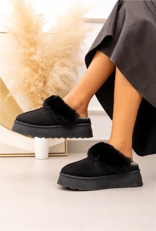 charm slippers soft-ULTRA MINI PLATFORM FLUFFY FURR ANKLE SLIPPERS IN BLACK