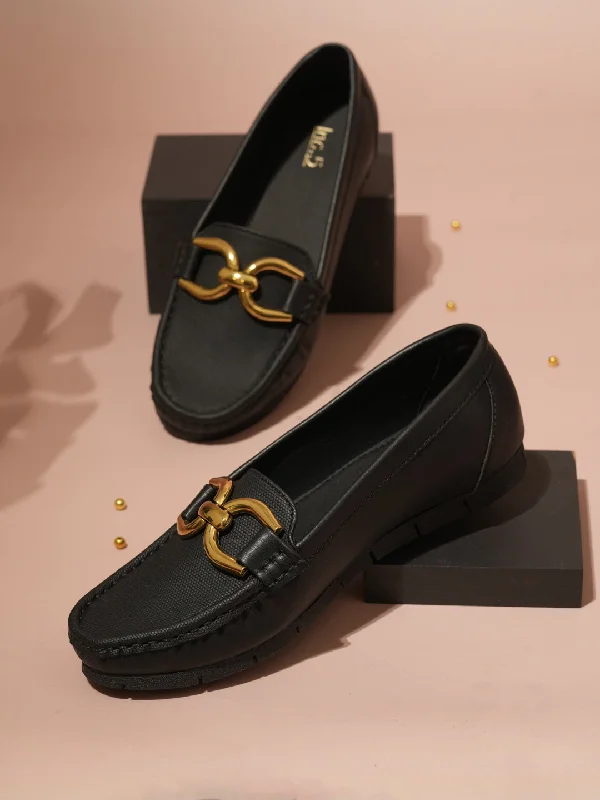 Loafers for dusk outings -Women Black Comfort Insole Horsebit Buckled Loafers