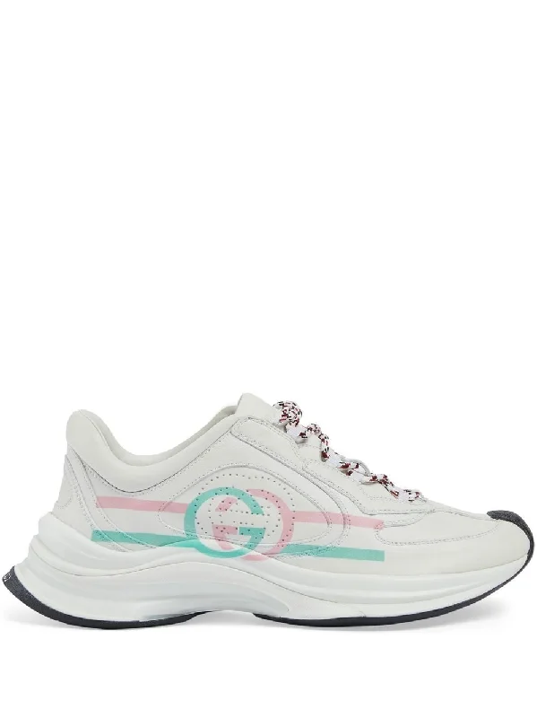 Athletic shoes for outdoor fitness routines -GUCCI Streamlined Fashion Essential: Women's White, Pink, and Green Leather Sneakers