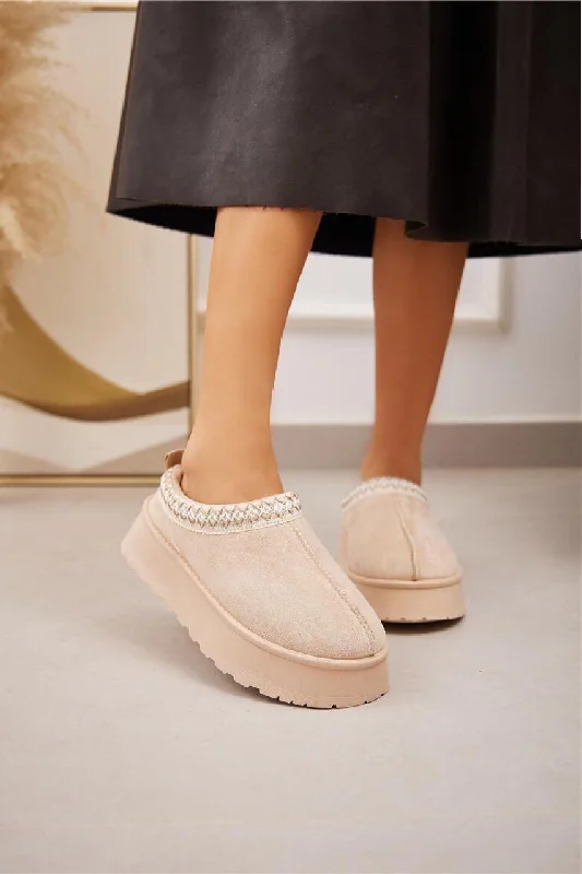 flair slippers classic-BEIGE FLUFFY PLATFORM SLIPPERS FAUX FUR LINED ANKLE BOOTS