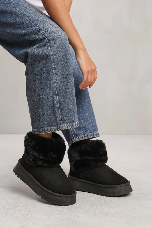 flair slippers relaxed-CLARA ANKLE SLIPPER BOOT WITH FAUX FUR LINING AND TRIM IN BLACK