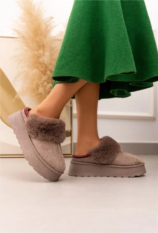 vibe slippers casual-ULTRA MINI PLATFORM FLUFFY FURR ANKLE SLIPPERS IN TAUPE