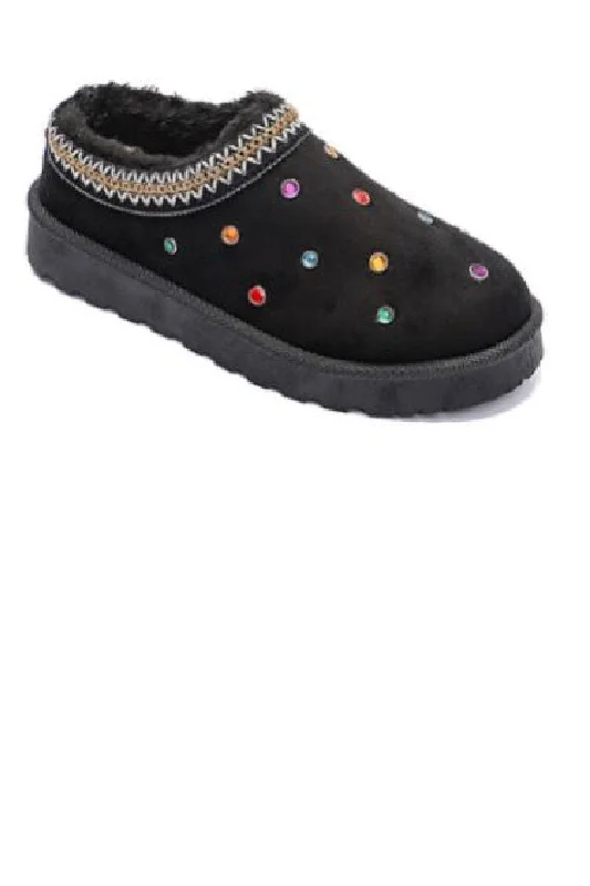 vibe slippers trendy-BLACK FAUX SUEDE JEWEL & STUD EMBROIDERED CLASSIC COZY SLIPPERS BOOTS