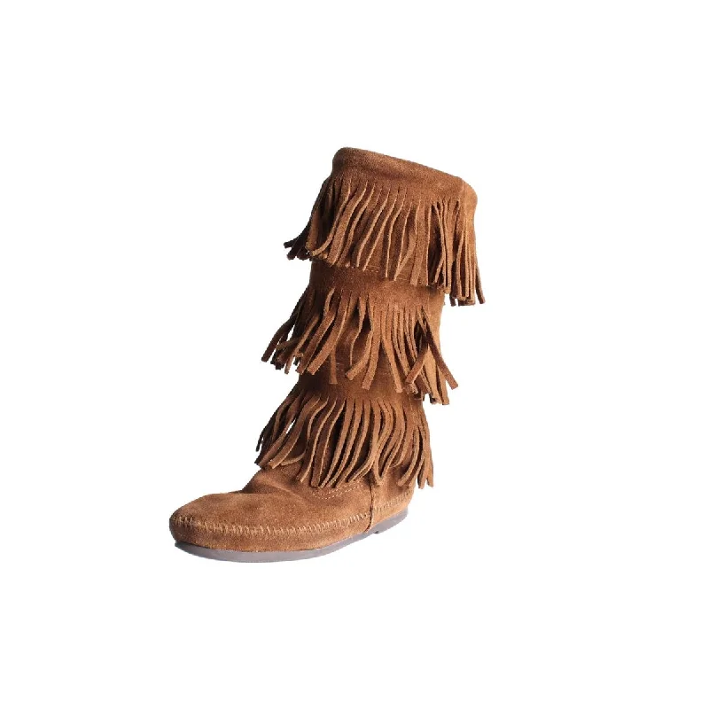 Comfortable boots for long treks-Minnetonka Womens Suede Fringe Mid-Calf Boots