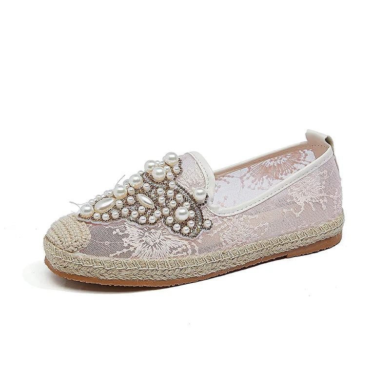 Loafers for light travel -New brand wholesale flat canvas pearl shoes women summer mesh brand famous design ladies luxury loafers' hot sale 2023 jinjiang