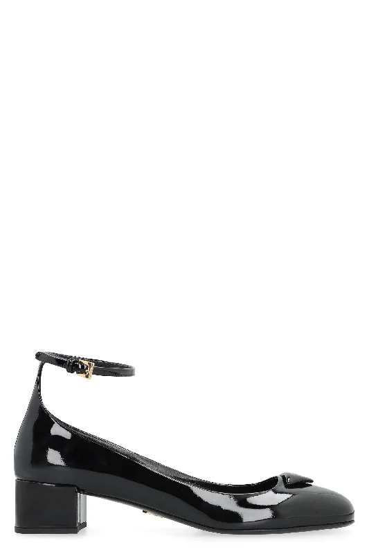 High heels with bold branding details -high heels with metallic heel accents-PRADA Elegant Patent Leather Pumps with Adjustable Ankle Strap