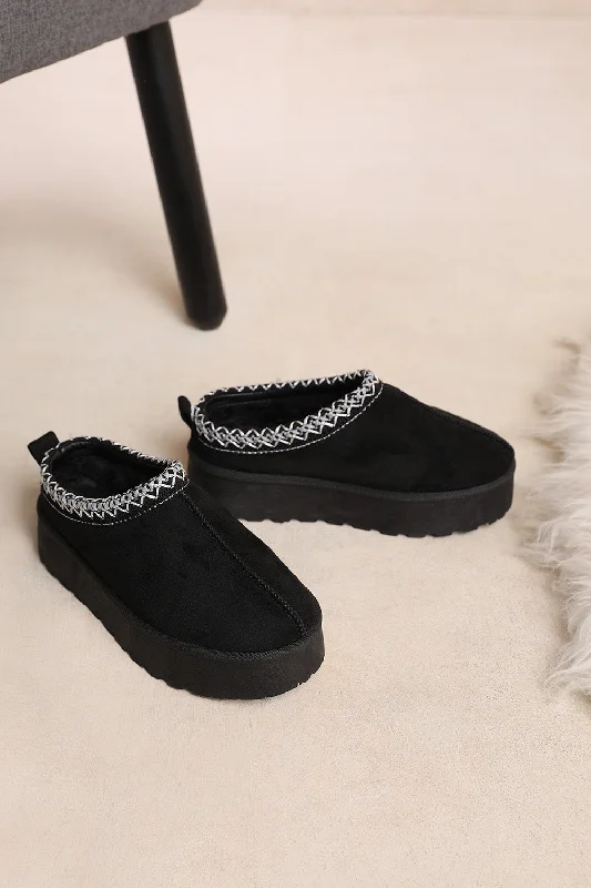 edge slippers cozy-MANGO KIDS FLATFORM EMBROIDERED LOW ANKLE SLIPPER BOOTS IN BLACK SUEDE