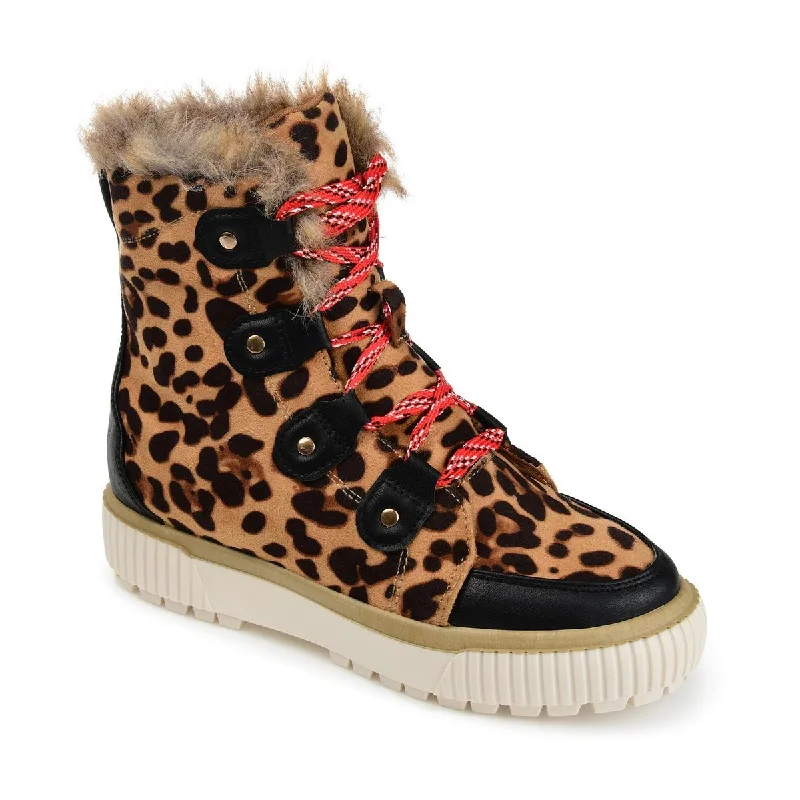 Trendy platform ankle boots-Journee Collection Womens GLACIER Faux Leather Leopard Print Shearling Boots