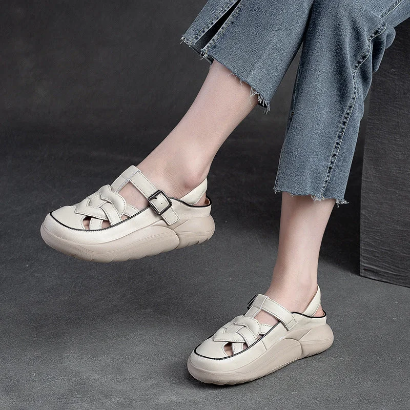 Soft sandals for summer days-Women Summer Plaited Leather Thick Soled Sandals