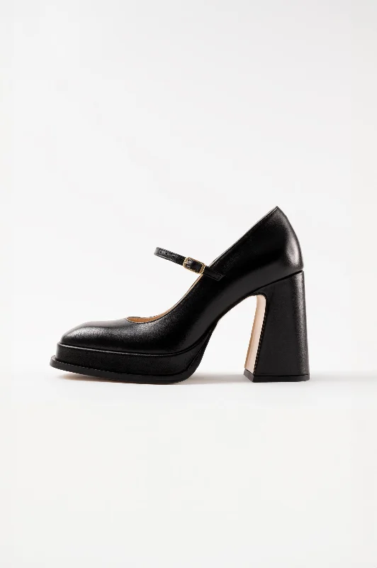 High heels with stable comfort -high heels with velvet finish-CASILDA - Black Leather Mary Jane Pumps