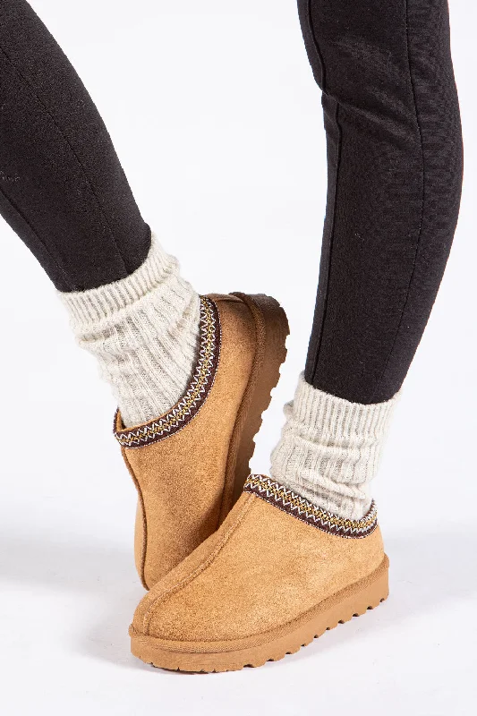 edge slippers non-slip-CHESTNUT FAUX SUEDE EMBROIDED AZTEC DETAIL  COZY FLUFFY SLIPPERS BOOTS BOOTIES