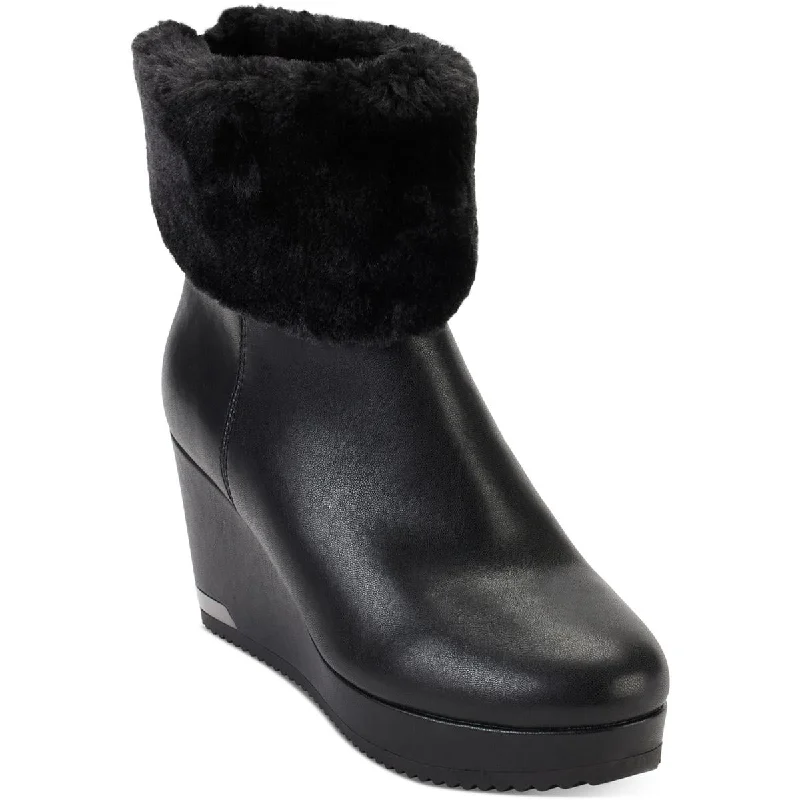 Warm boots for frozen trails-DKNY Womens Nadra Faux Leather Faux Fur Wedge Boots