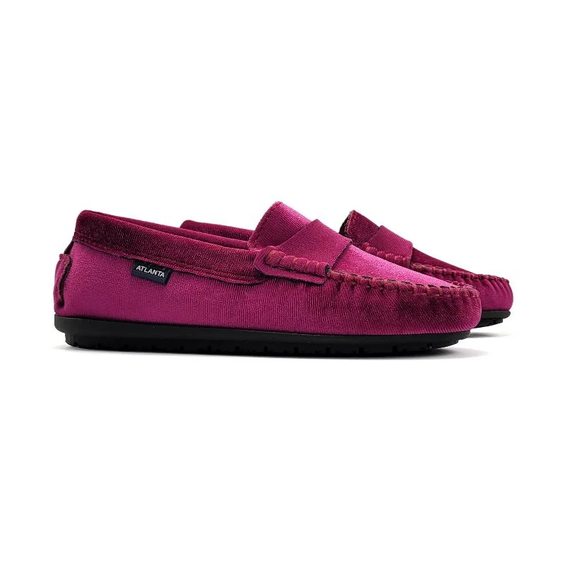 Trendy loafers for summer outfits -Atlanta Mocassin Fuschia Velvet Penny Loafer 032