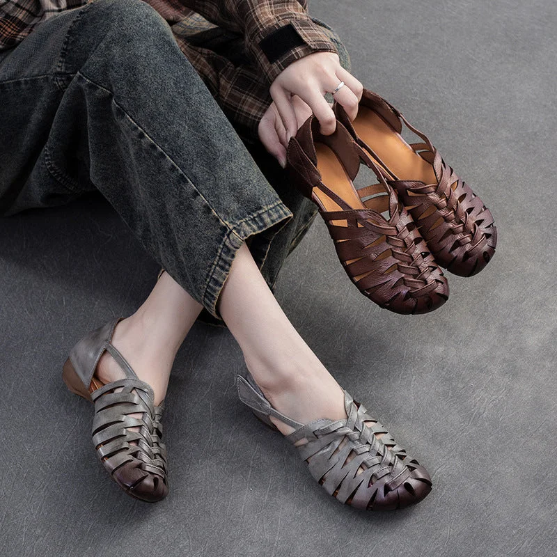 Comfortable sandals for travel days-Women Retro Plaited Leather Flat Casual Sandals