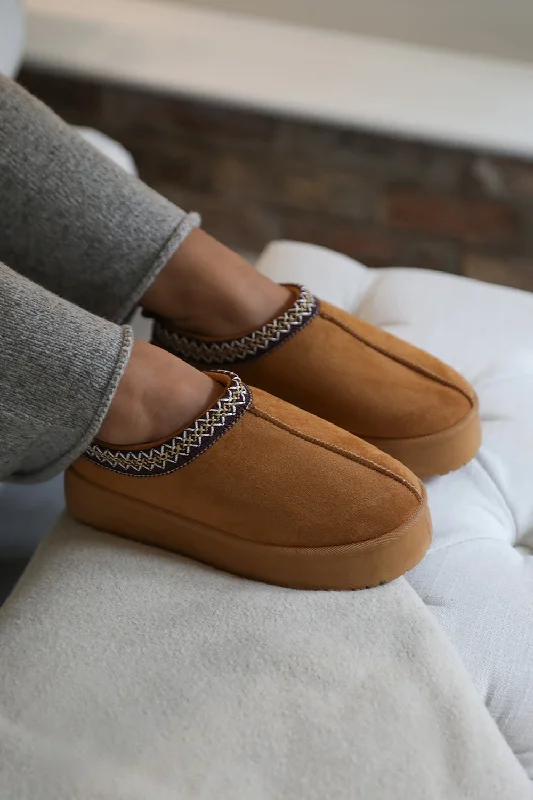 edge slippers white-ALLEGRA FLATFORM EMBROIDERED LOW ANKLE SLIPPER BOOTS IN CHESTNUT SUEDE