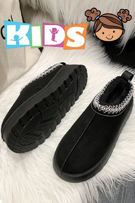 bold slippers plush-KIDS BLACK EMBROIDED FLUFFY FAUX FUR PLATFORM SLIPPERS 31/36