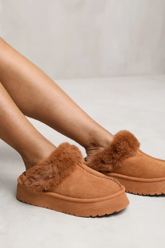 charm slippers breathable-MAYA SLIDE ON SLIPPER WITH FAUX FUR LINING IN CAMEL