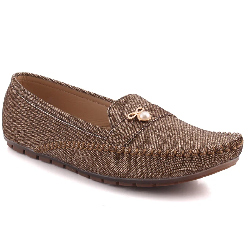 Anti-slip loafers for wet floors -Women “NOVALEE” Penny Keeper Pearl Detailing Flat Slip On Shimmer Textured Casual Loafers