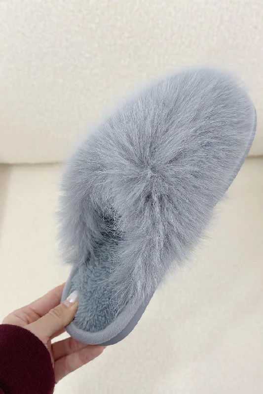 vibe slippers tan-GREY FAUX FUR FLUFFY SLIPPERS