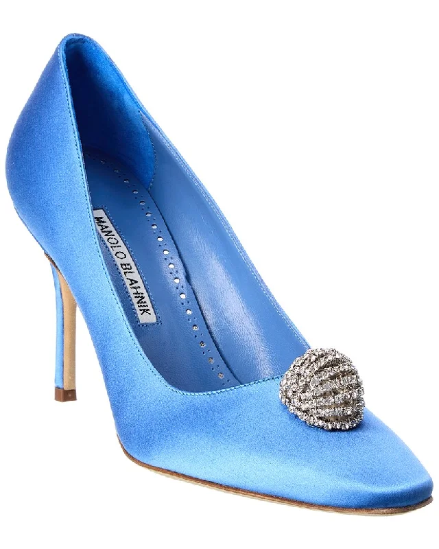 High heels with durable leather -high heels with chunky heel-Manolo Blahnik Elbolita 90 Satin Pump