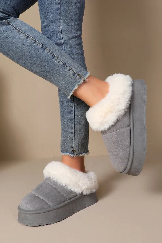 unique slippers designer-GREY ULTRA MINI PLATFORM FAUX FUR LINED FLUFFY SLIPPERS