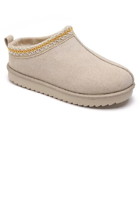 glow slippers casual-BEIGE FAUX SUEDE EMBROIDERED COZY FLUFFY SLIPPERS BOOTS