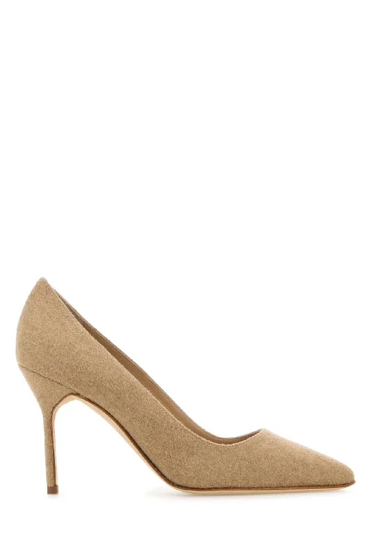 High heels with grippy heel tips -comfortable high heels with adjustable straps-MANOLO BLAHNIK Elegant Beige Fabric BB Pumps - 9 cm Heel Height