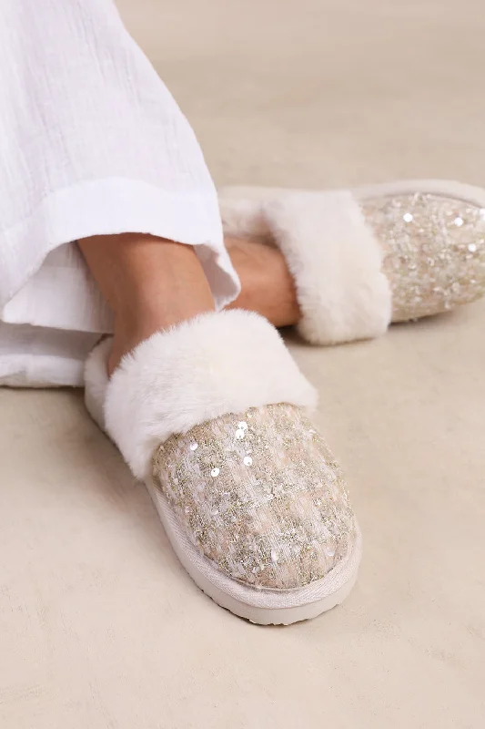 charm slippers green-COZY SLIP ON SEQUIN SLIPPERS WITH FUR TRIM IN BEIGE