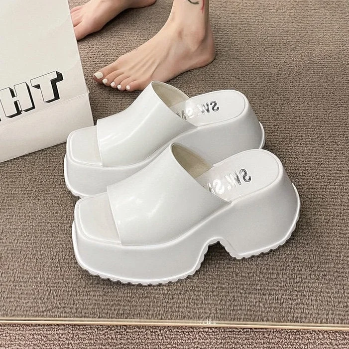 chic slippers fall 2025-Retro Platform Slides for Women, Stylish Heeled Slippers, White Glossy Creeper Heels, Pink Peep Toe Platform Pumps, Square Toe Shoes